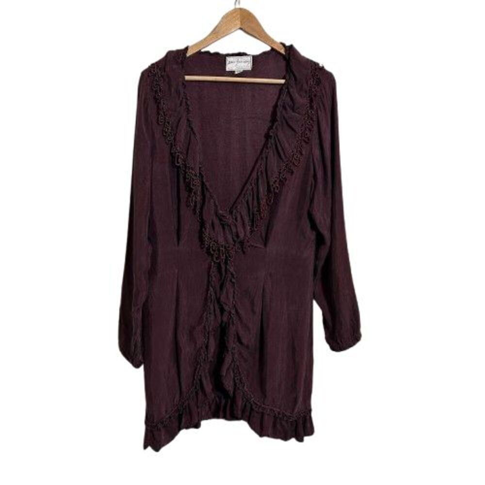 Vtg Ann Ferriday Ruffle Tie Front Tunic Top Burgundy Whimsy Goth Vampire Fairy